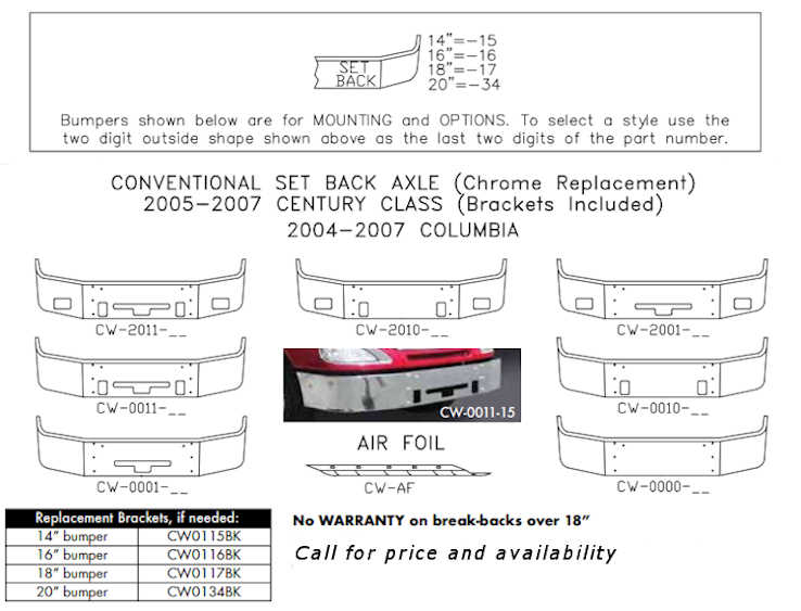 Freightliner Century Columbia Bumper Style List
