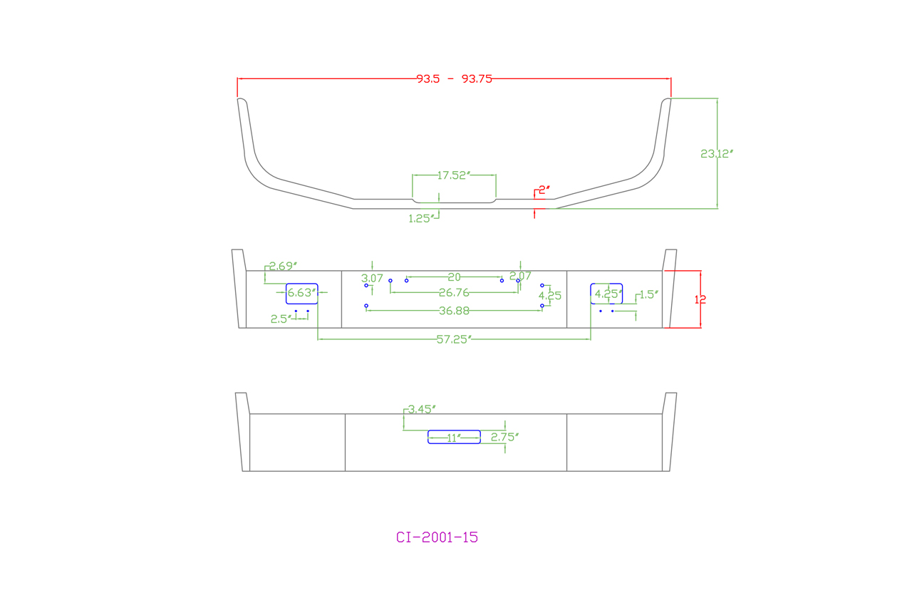 120-CI-2001-15 Aftermarket, Fits Freightliner FLD120 FLD112 Bumper, 12" tall, 1989 and newer, with light and vent holes - Image 2
