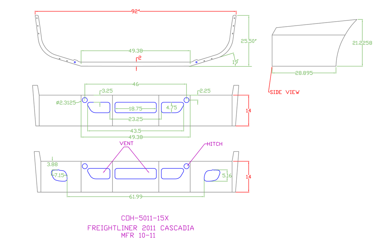 120-COH-5011-15X Aftermarket, Fits Freightliner Cascadia Bumper SBA, 14" Tall 2008 to 2017, Replaces STEEL CLAD ONLY - Image 2